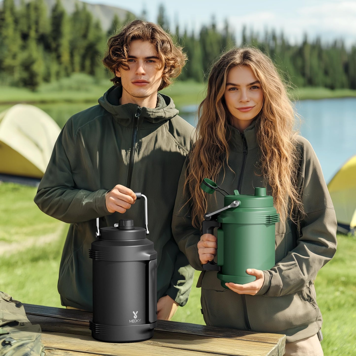 1 Gallon Insulated Water Bottle for Sports: Meoky 128 oz Triple Wall Vacuum Stainless Steel Water Jug - Top and Side Handles, Cold for 48 Hrs, 2-in-1 Straw and Spout Lid, Leak Proof for Hiking (Night)