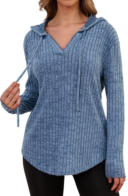 Lylinan Womens Cozy Knit Sweaters Hoodies Ribbed V Neck Pullover Sweatshirts for Fall Outfits S-XXL