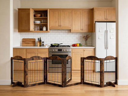 Vantas Folding No-Assembly Dog Door Pet Gate 144" Wide, 30" Tall Wooden Dog Gate with Door Walk Through, Freestanding Wire Pet Gate, Pet Puppy Safety Fence, with 2PCS Support - Rustic Brown