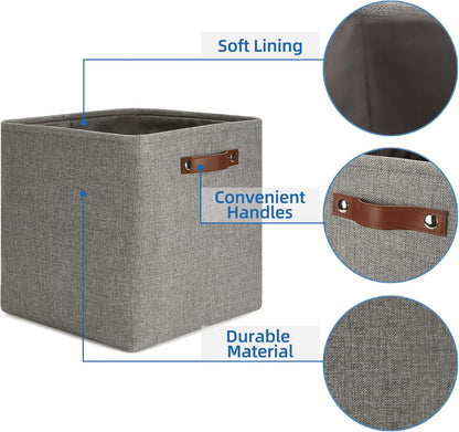 Temary 13 Inch Fabric Storage Baskets, Set of 4 Cube Bins for Home and Office with Leather Handles in Grey