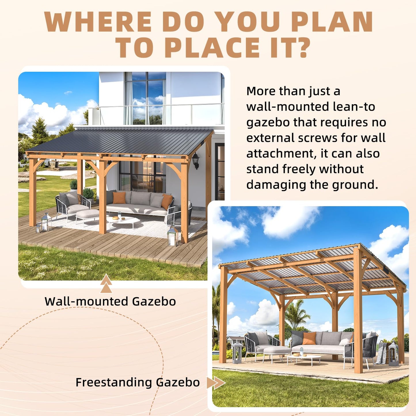 AECOJOY 10'x14' Outdoor Wood Ceder Gazebo for Patio, 14x10 Outdoor Lean to Hardtop Pergolas and Gazebos Clearance, Wall Mounted Wooden Gazebo Heavy Duty Metal Awnings for Patio, Decks, Backyard