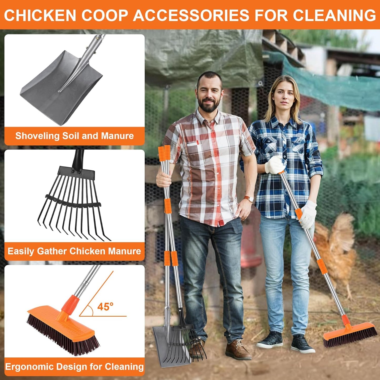 ROSTIUTE Chicken Poop Scooper Shovel Rake Scrub Brush for Chicken Coop Supplies Accessories for Cleaning