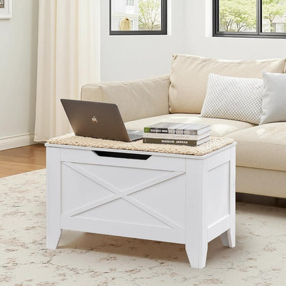 VECELO 30" Storage Bench, Entryway Shoe Ottoman, Farmhouse Style Bench with Handwoven Cushion and Metal Safety Hinges, for Bedroom, Living Room, Entryway, White
