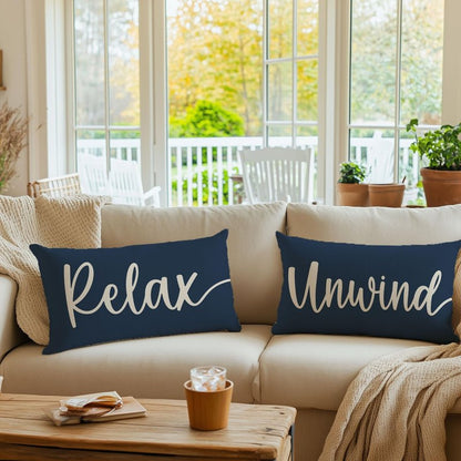 HERHOME Decorative Throw Pillow Covers 12x20 Inch Set of 2 Relax Unwind Navy Blue Outdoor Coastal Spring Summer Front Porch Patio Decor Lumbar Cushion Case Decoration for Home Sofa Couch Living Room