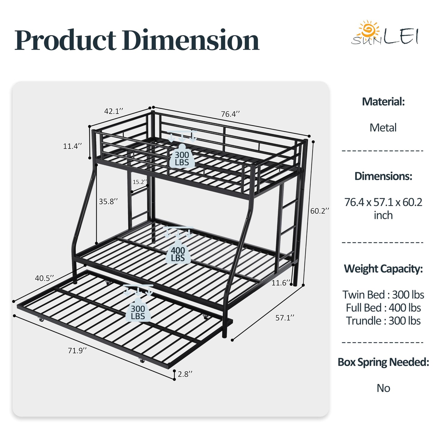 SUNLEI Metal Bunk Beds with Double Secured Ladders, Twin Over Full Bunk Bed with Surrounded Safety Guardrails, Space Saver Twin Beds, Noise Free for Small Bedroom, with Trundle, Black