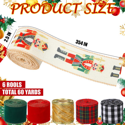 Suncalla 6 Rolls Nutcracker Christmas Ribbon Set 2.5 Inch x 10 Yards Wired Holiday Ribbons for Nutcracker Bows Wreaths Tree Decorations and Gift Wrapping Wide Red Green Gold Plaid Soldier Designs