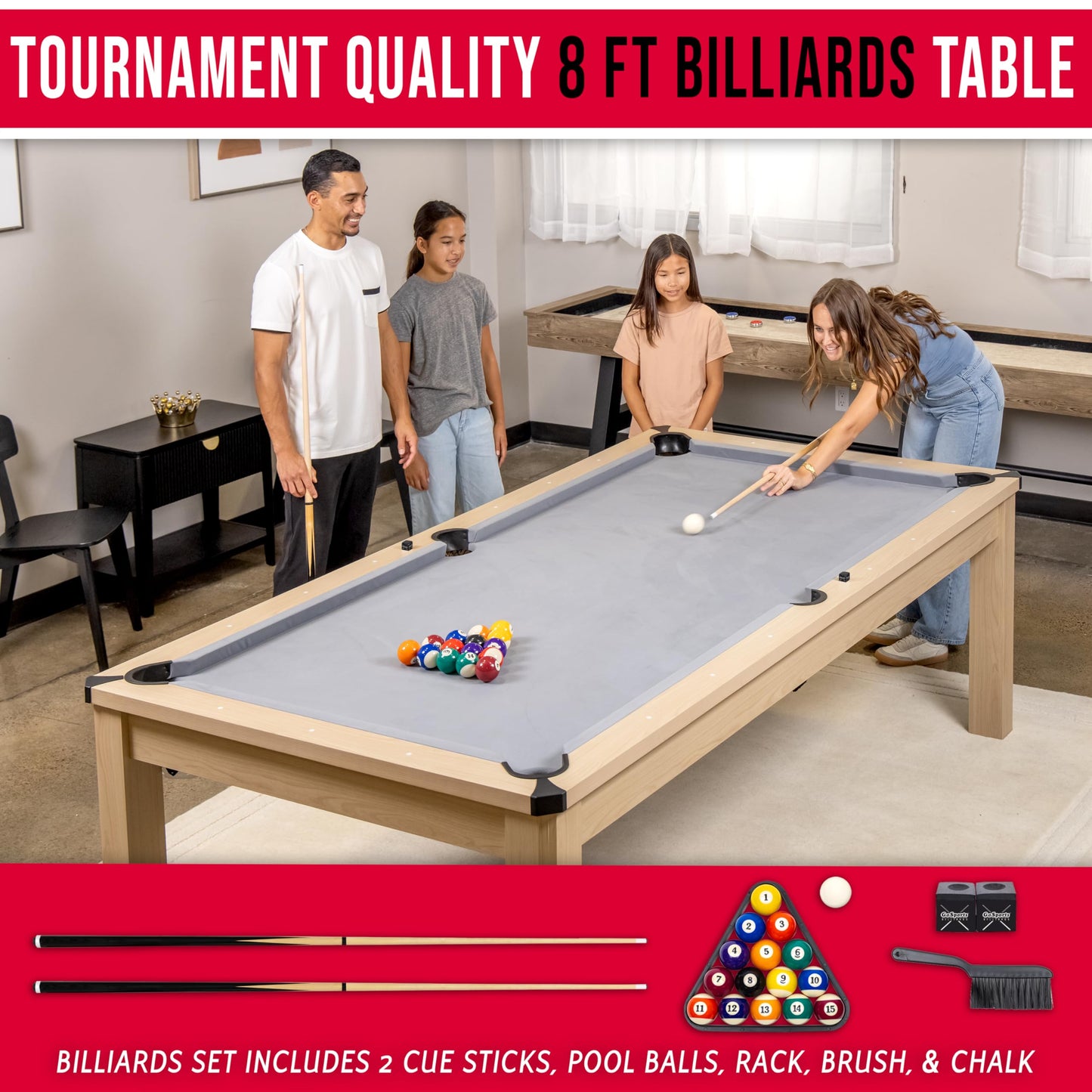 GoSports 8 ft 3 in 1 Pool, Dining, & Table Tennis Combo Table and Storage Benches - Convertible Billiards with Game Accessories - Light Birch