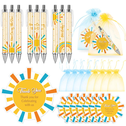 JarThenaAMCS 72Pcs Sun Baby Shower Favor Gifts for Guests Boho Sun Retractable Ballpoint Pens Organza Bags Greeting Cards for Birthday Gender Reveal Souvenirs Prizes