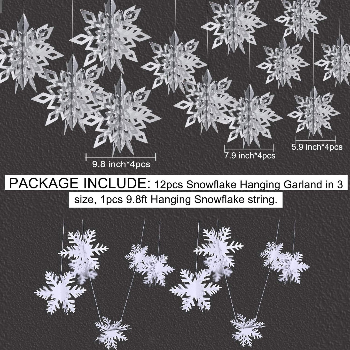OuMuaMua Winter Christmas Hanging Decorations - 12PCS 3D Large Silver Snowflakes & 12PCS White Paper Snowflakes Garland
