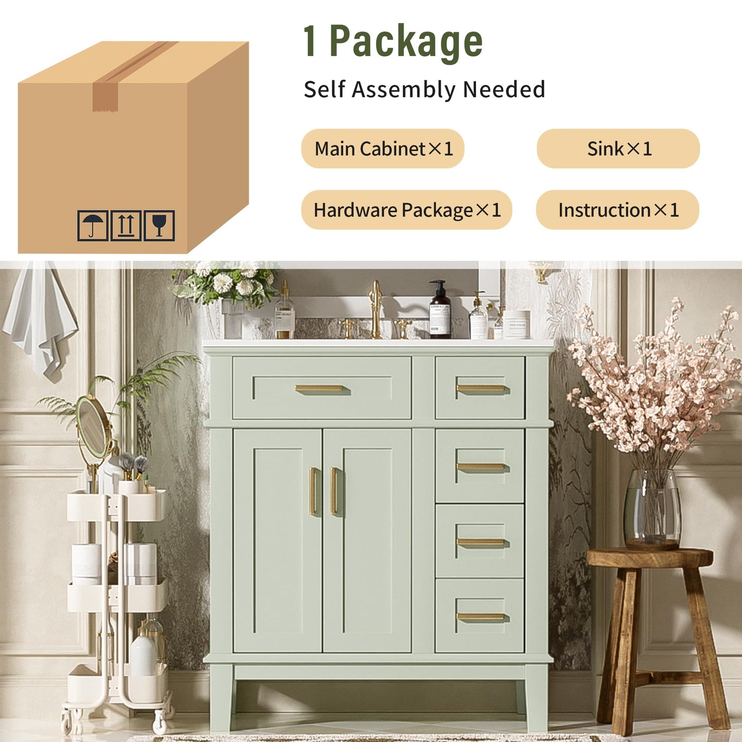 Favfurish 30" Bathroom Vanity with Ceramic Sink, Modern Storage Cabinet with Soft-Close Doors,Deep Drawer & Standard Drawer, Stylish Bath Vanity for Small Bathroom,Easy Assembly,Green