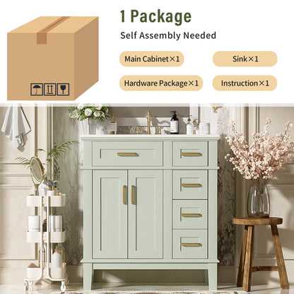 Favfurish 30" Bathroom Vanity with Ceramic Sink, Modern Storage Cabinet with Soft-Close Doors,Deep Drawer & Standard Drawer, Stylish Bath Vanity for Small Bathroom,Easy Assembly,Green