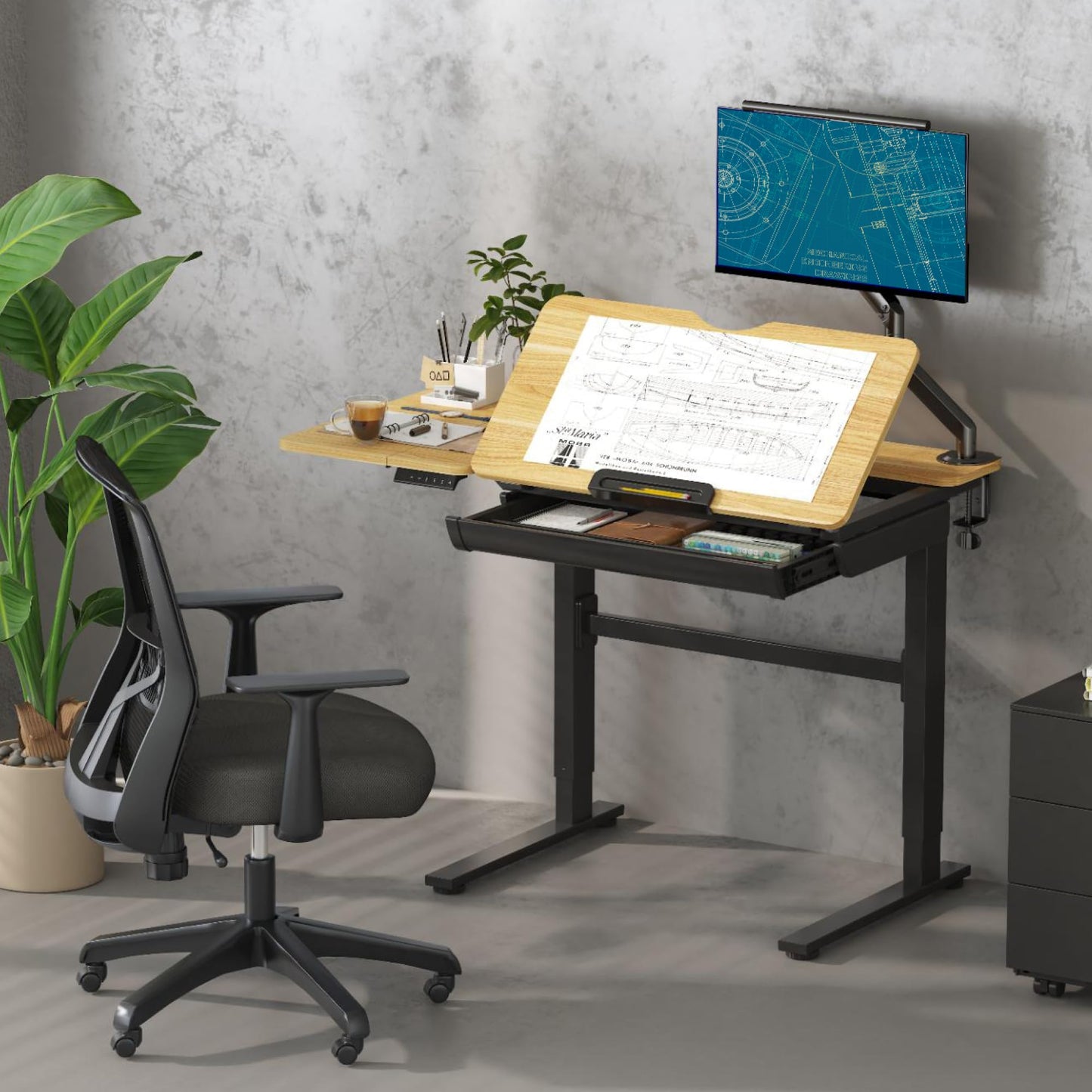 FLEXISPOT Electric Drafting Table Adjustable Height 47.2"x23.6" Standing Drawing Desk Extendable Top Craft Workstation w/Tilting Tabletop, Storage Drawer for Study, Office, Studio, Art, Adult & Kid