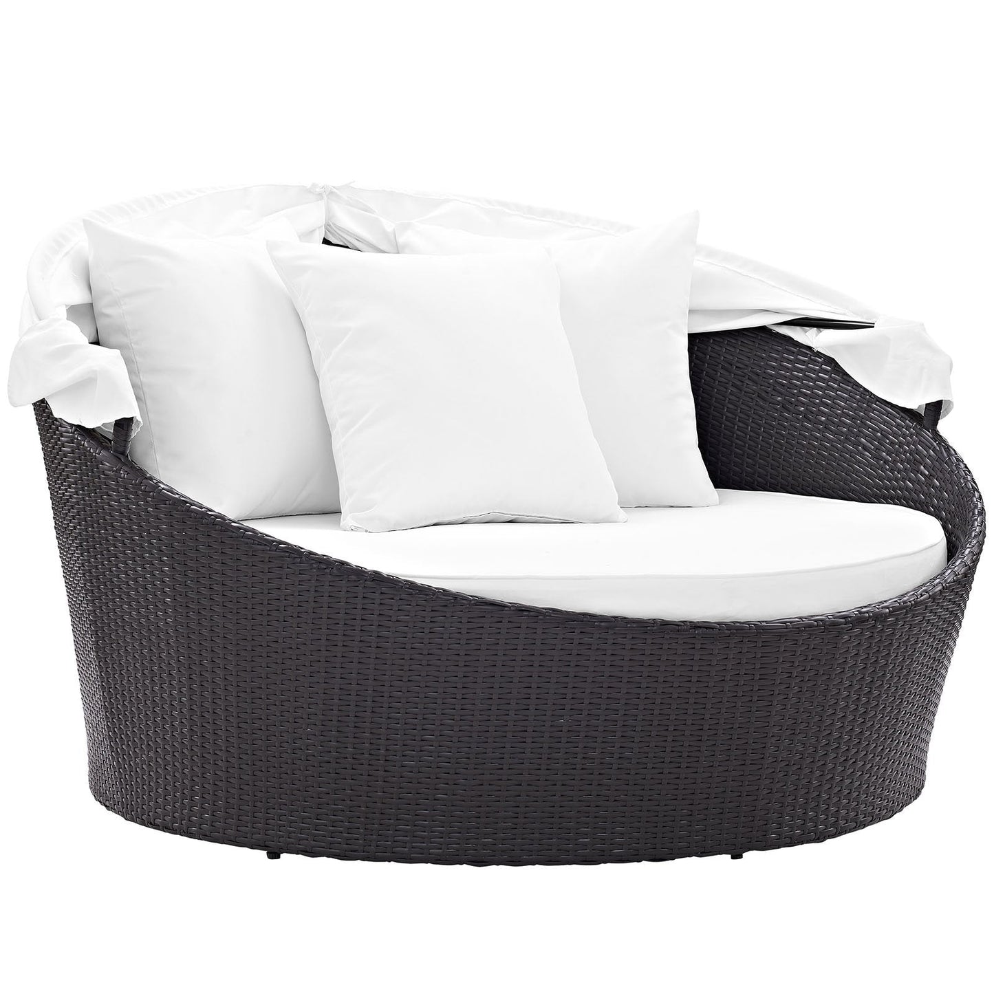 Modway Convene Wicker Rattan Outdoor Patio Retractable Canopy Round Poolside Sofa Daybed in Espresso White