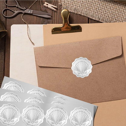 CRASPIRE 100Pcs Sea Shell Seal Sticker 2" Ocean Summer Beach Silver Foil Embossed Stickers Self Adhesive Sticker Labels Certificate Seals for Graduation Wedding Greeting Envelope Invitation Cards Pack