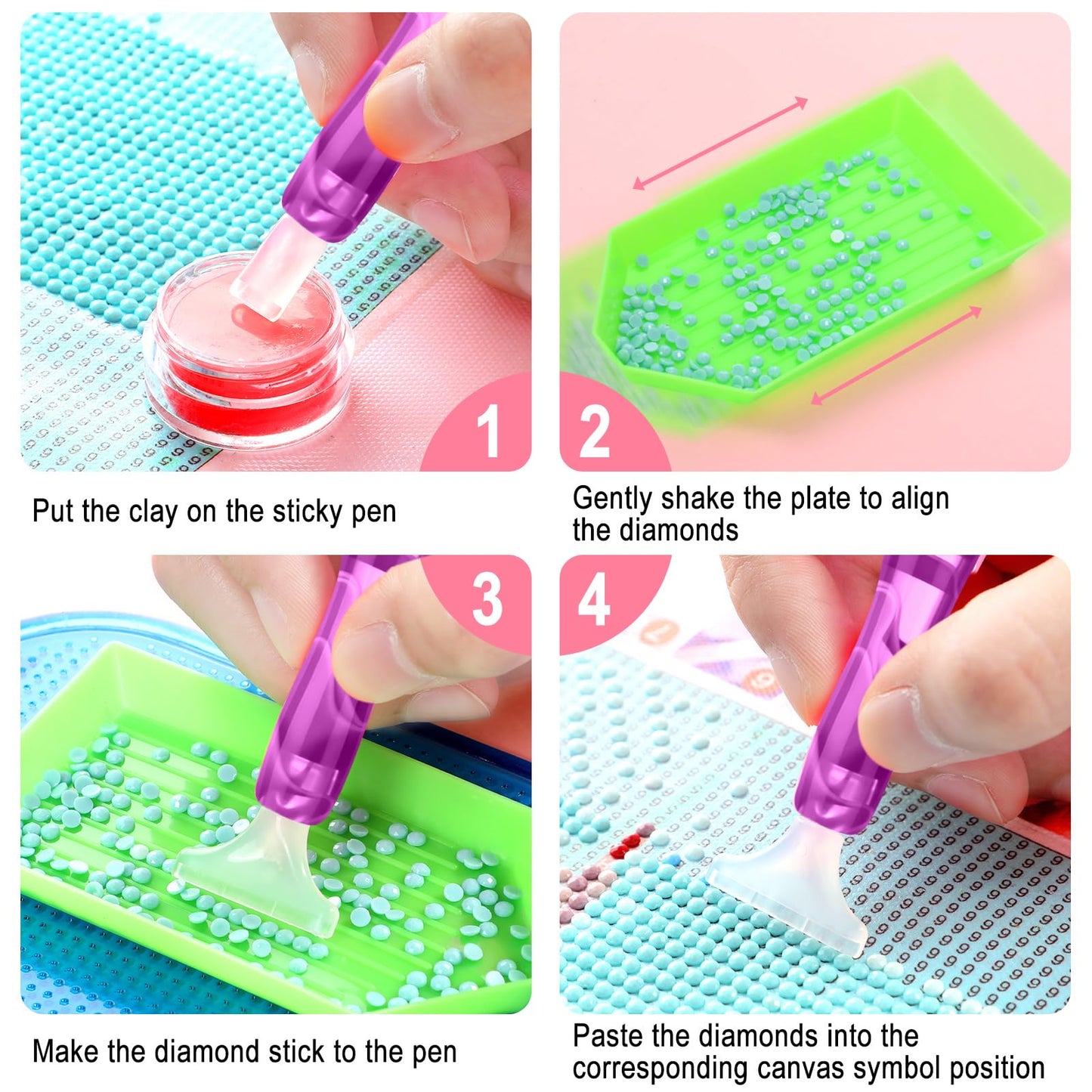 Outus 31 Pcs 5D DIY Diamond Tools Kit with Handmade Resin Painting Pens, Anti-Slip Mats, Plastic Diamond Trays, Clay Boxes, Drill Point Accessories for Adults DIY Craft(Pink, Purple)