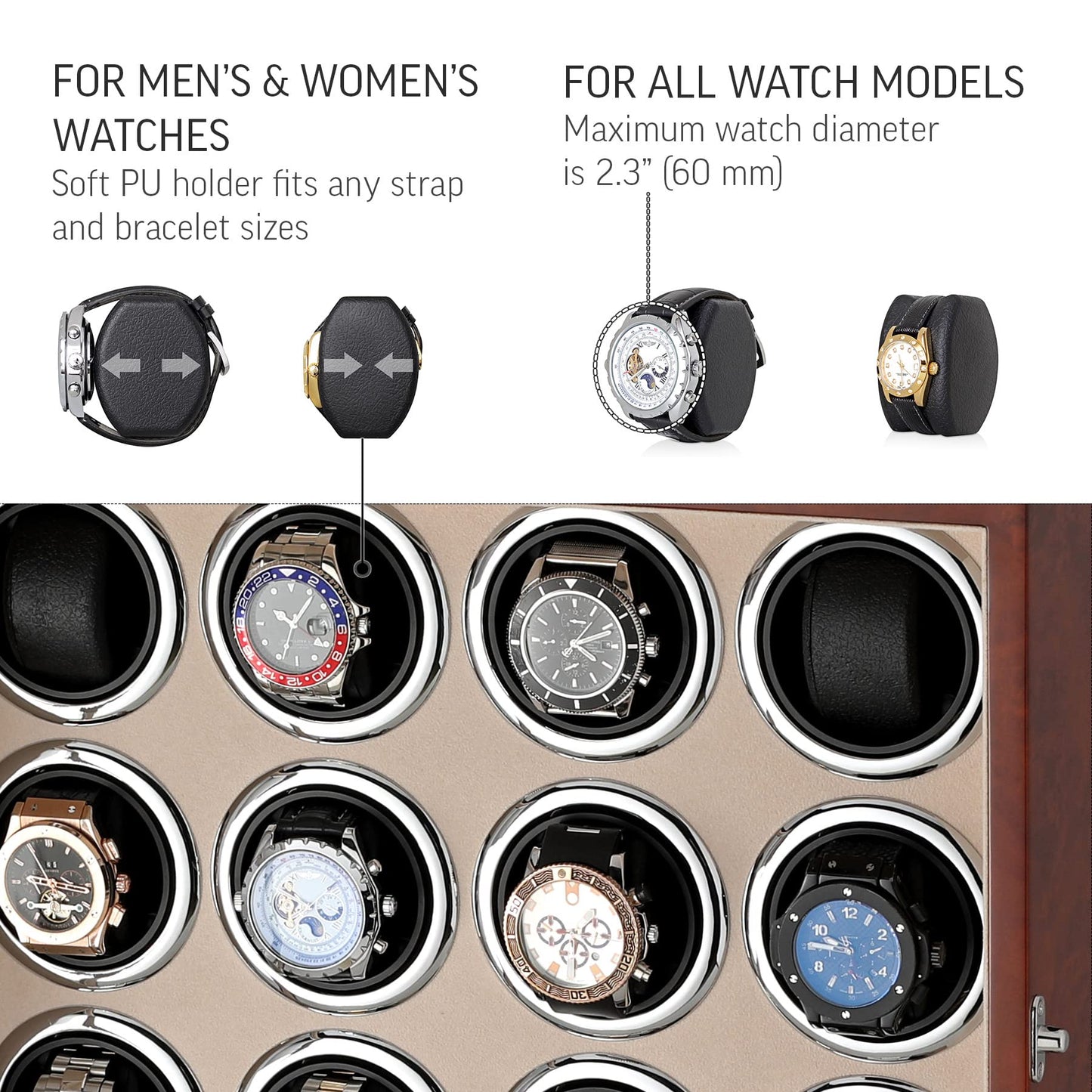 Watch Winder for 16 Automatic Watches with LED Backlight and LCD Touchscreen Control (Dark Burl + Beige)