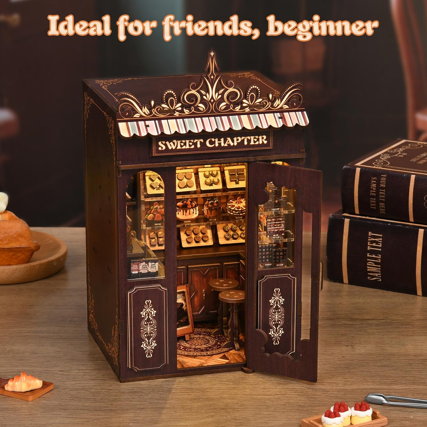 KERNOWO Book Nook Kit, DIY 3D Wooden Puzzles for Adults, Teens and Beginners, Miniature Tiny House Kit for Bookshelf Decor, Bookish Gift for Family, Friends, Book Lovers (Sweet Chapter)