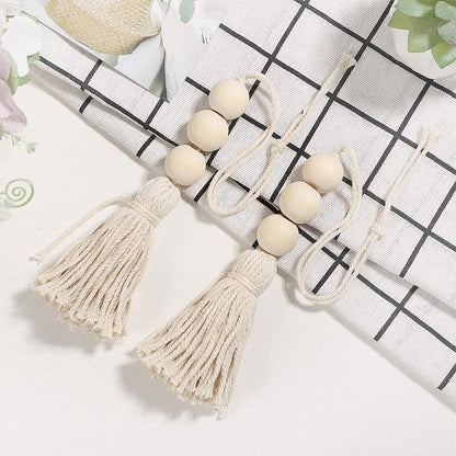 Garneck 4pcs Natural Cotton String Tassel Wood Beads, Handmade Wooden Pendant for Closet Door Handle Decor