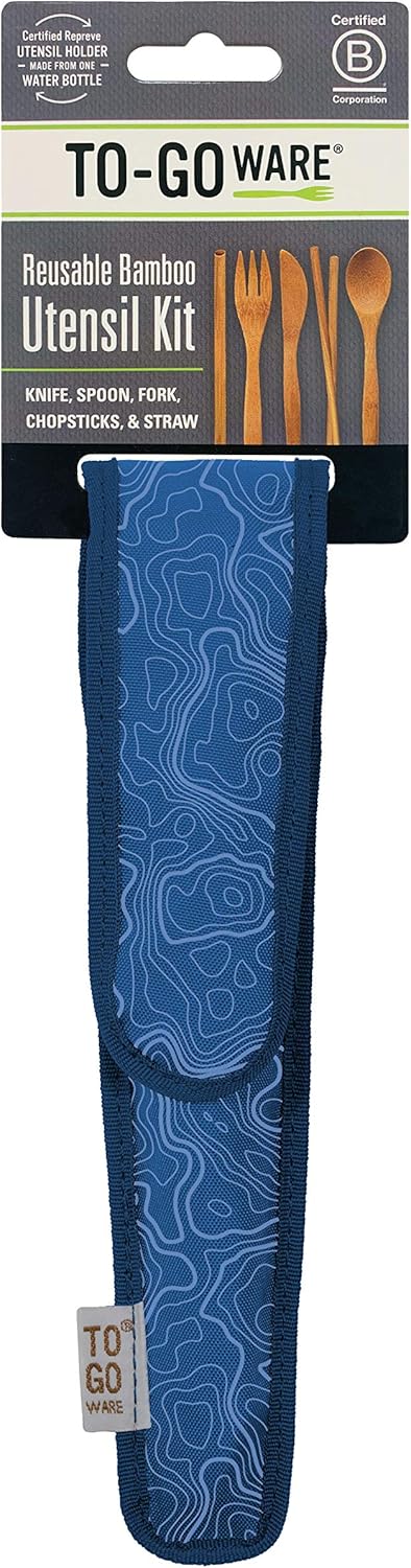 Premium Reusable Bamboo Utensil Travel Set, Eco-Conscious Blue Topo Includes Fork, Knife, Spoon, Chopsticks