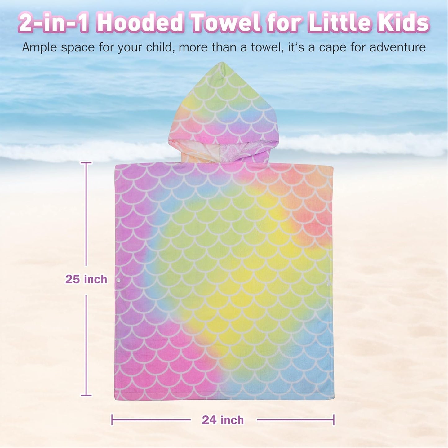 2-6, 100% Catalonia Mermaid Hooded Poncho Towel for Toddler Aged Cotton, Absorbent Girls Bath Towel, Kids Swim Towel at