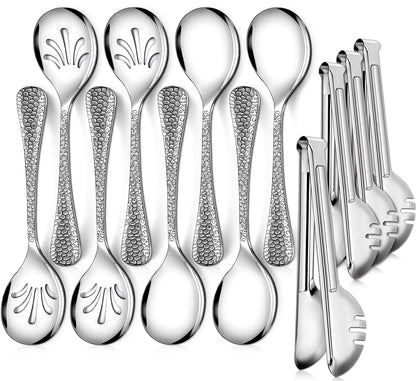 Teivio Hammered Stainless Steel Metal Serving Utensils Set of 12, 10" Serving Spoons, 10" Slotted Spoons, 9" Serving Tongs, Large Hostess Serving Set for Parties Chafing Dish Buffet Catering (Silver)