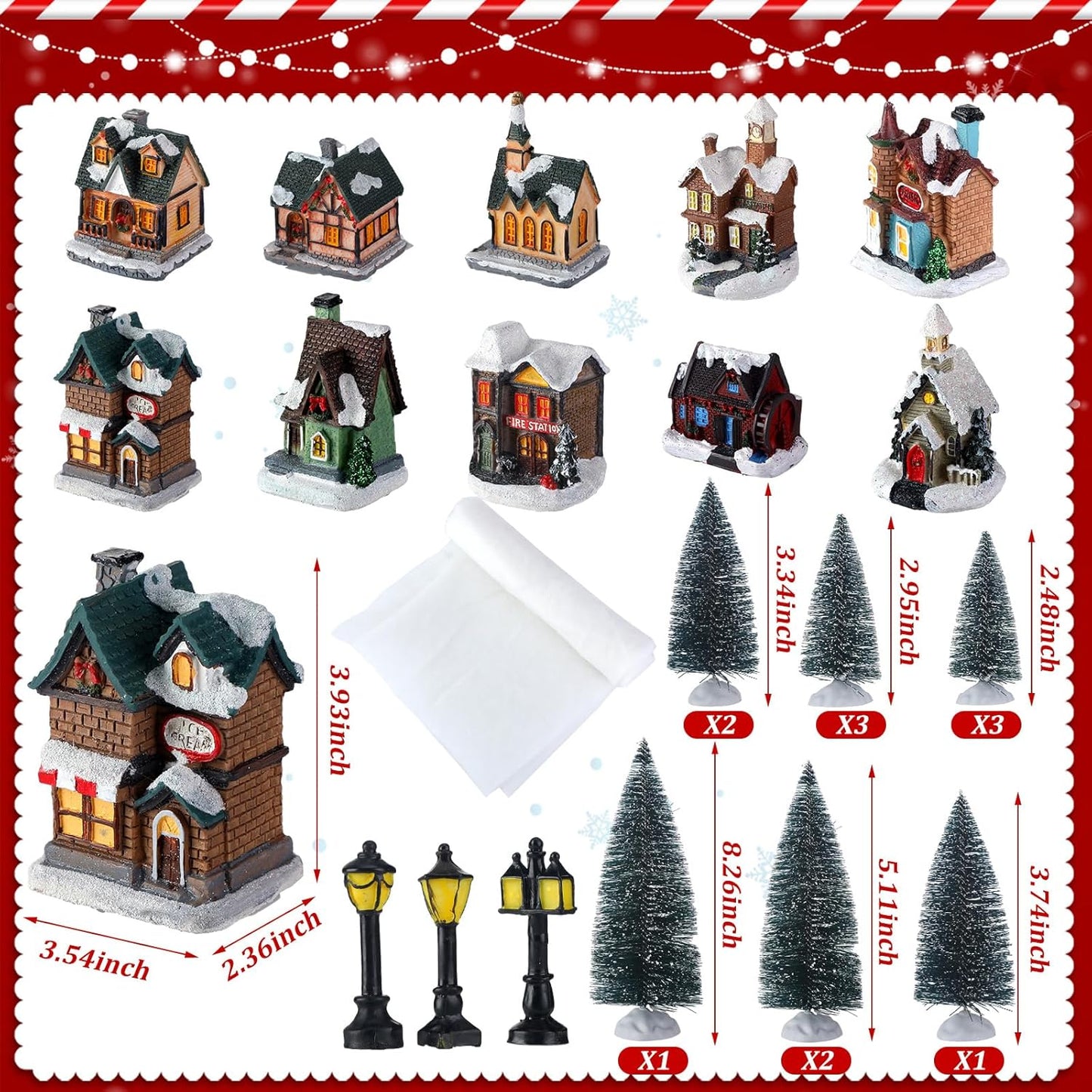 Shappy Christmas Village Houses Set - 48 Pcs with 10 LED Lights, Mini Trees & Snow Blanket