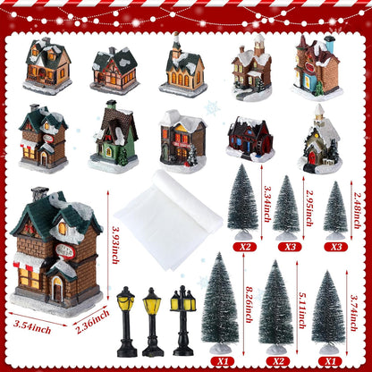 Shappy Christmas Village Houses Set - 48 Pcs with 10 LED Lights, Mini Trees & Snow Blanket
