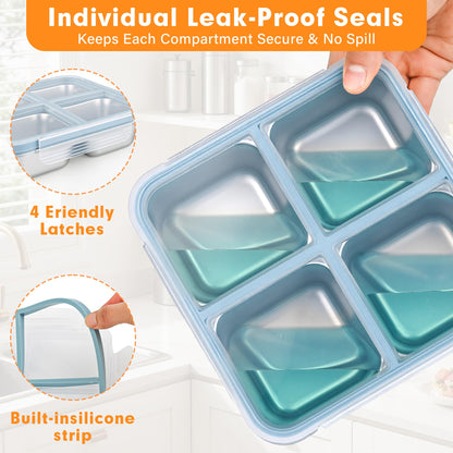 4 Pack Stainless Steel Snack Containers with Lids, Leakproof 4 Compartment Bento Lunch Boxes, Reusable Metal Meal Prep Food Storage Containers, Dishwasher Safe for Work, Travel, Picnic (4pack-A)