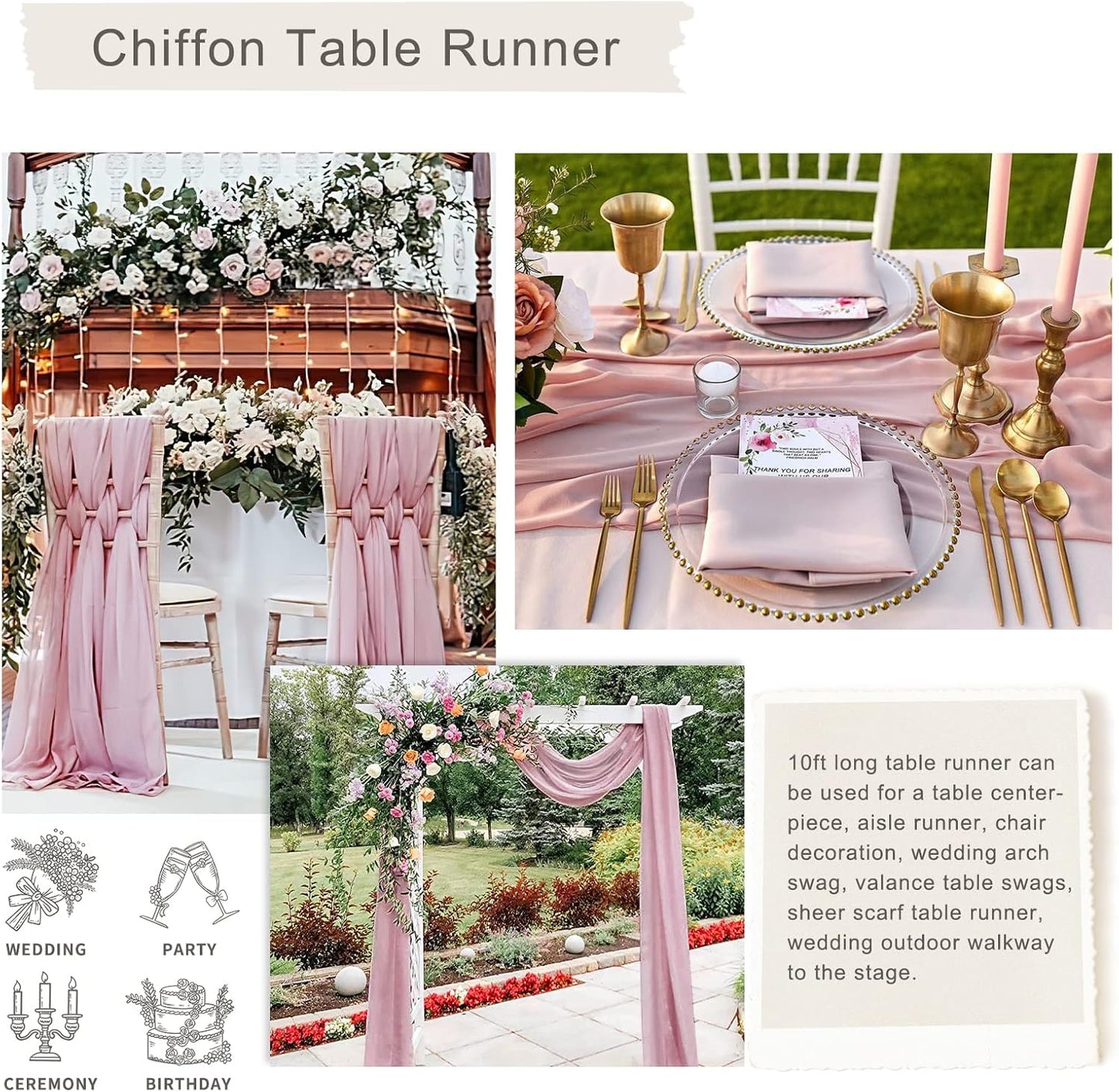 Dusty Rose Chiffon Table Runner - 27x120 Inches Long Elegant Sheer Fabric for Bridal Party Decorations