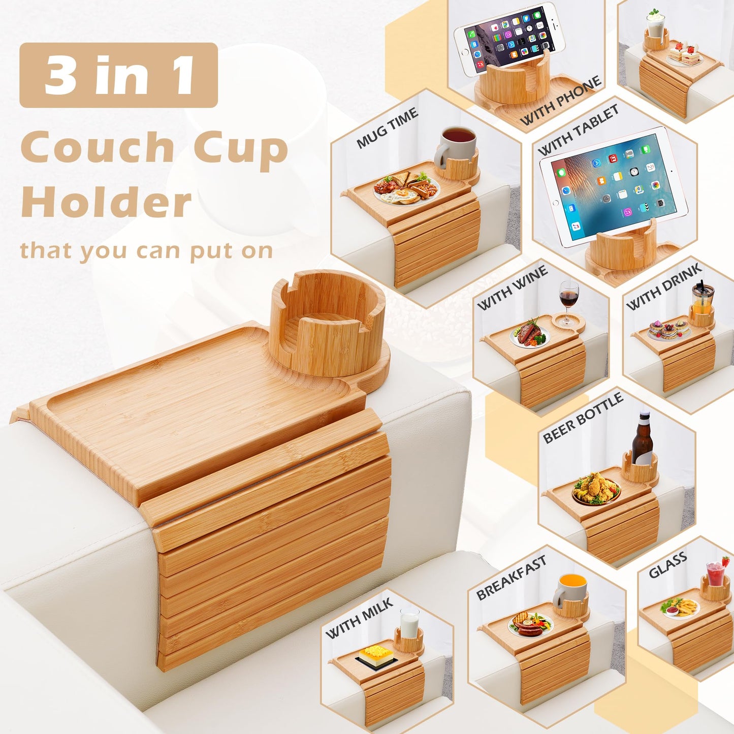 GHKINMAL Couch Cup Holder Tray, 3 in 1 Couch Arm Trays,Large Bamboo Chair Arm Rest Tray with 360° Cup Holder,Removable Anti-Slip Organizer for Snack Eating
