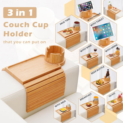 GHKINMAL Couch Cup Holder Tray, 3 in 1 Couch Arm Trays,Large Bamboo Chair Arm Rest Tray with 360° Cup Holder,Removable Anti-Slip Organizer for Snack Eating