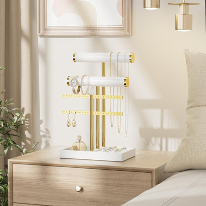 bussdis 3 Tier Bracelet Holder Display - White Leather Bracelet Holder, Detachable T Bar Jewelry Holder Organizer for Bracelet, Necklace, Earrings, Rings, Watches, Bangle