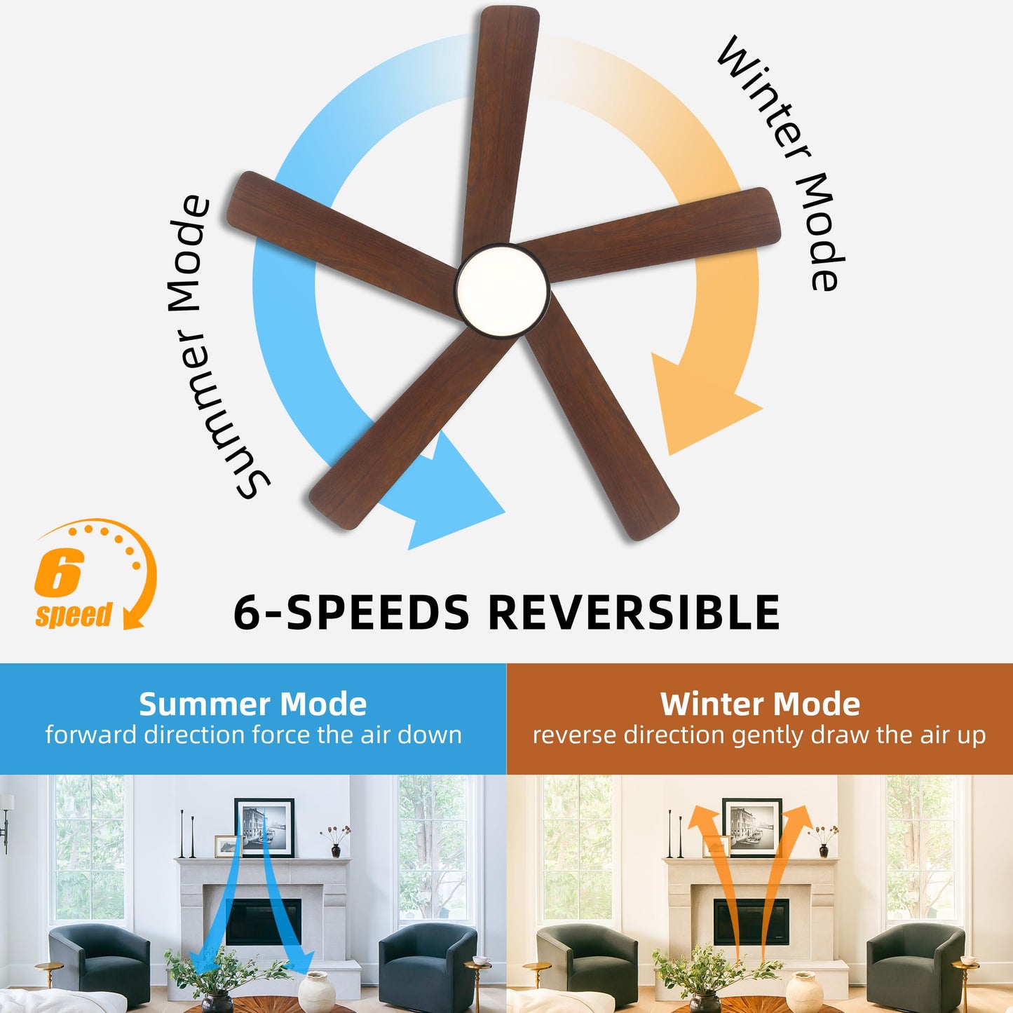 WINGBO 48 Inch DC Ceiling Fan with Lights and Remote Control, 5 Carved Solid Wood Blades, 6-Speed Noiseless Reversible DC Motor, Indoor Ceiling Fan in Matte Black Finish with Walnut Blades