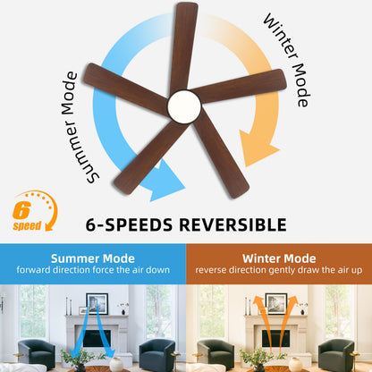 WINGBO 48 Inch DC Ceiling Fan with Lights and Remote Control, 5 Carved Solid Wood Blades, 6-Speed Noiseless Reversible DC Motor, Indoor Ceiling Fan in Matte Black Finish with Walnut Blades