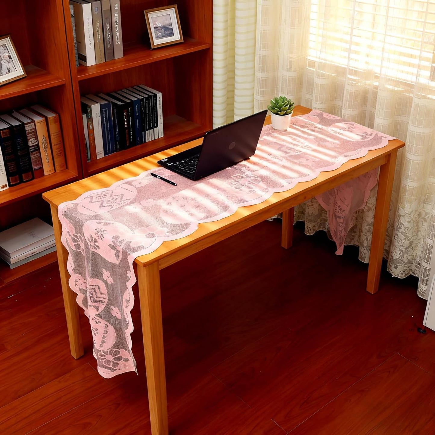 werdecade 70.9x13.4 Inch, Easter Table Runner Lace, Pink Floral Egg Embroidery Table Scarf for Spring Dining Table