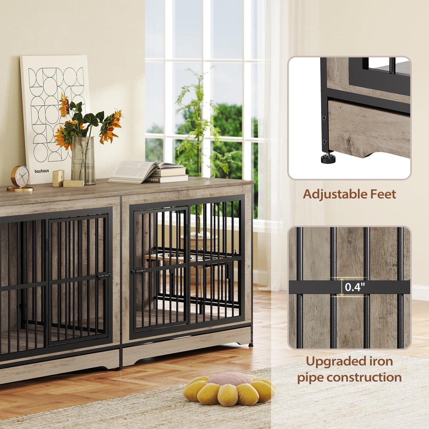 Rovibek 78 Double Dog Crate Furniture for 2 Large Dogs Indoor, Wooden Furniture Dog Crates with Dog Bowl, Dog Kennel Furniture TV Stand Large Breed Grey