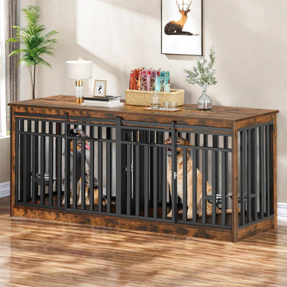YITAHOME 71" Double Dog Crate Furniture with 4 Dog Bowls, Heavy Duty Wooden Dog Crate TV Stand, Dog Kennel Indoor Furniture Sliding Barn Door Design for Extra Large Dogs, Rustic Brown