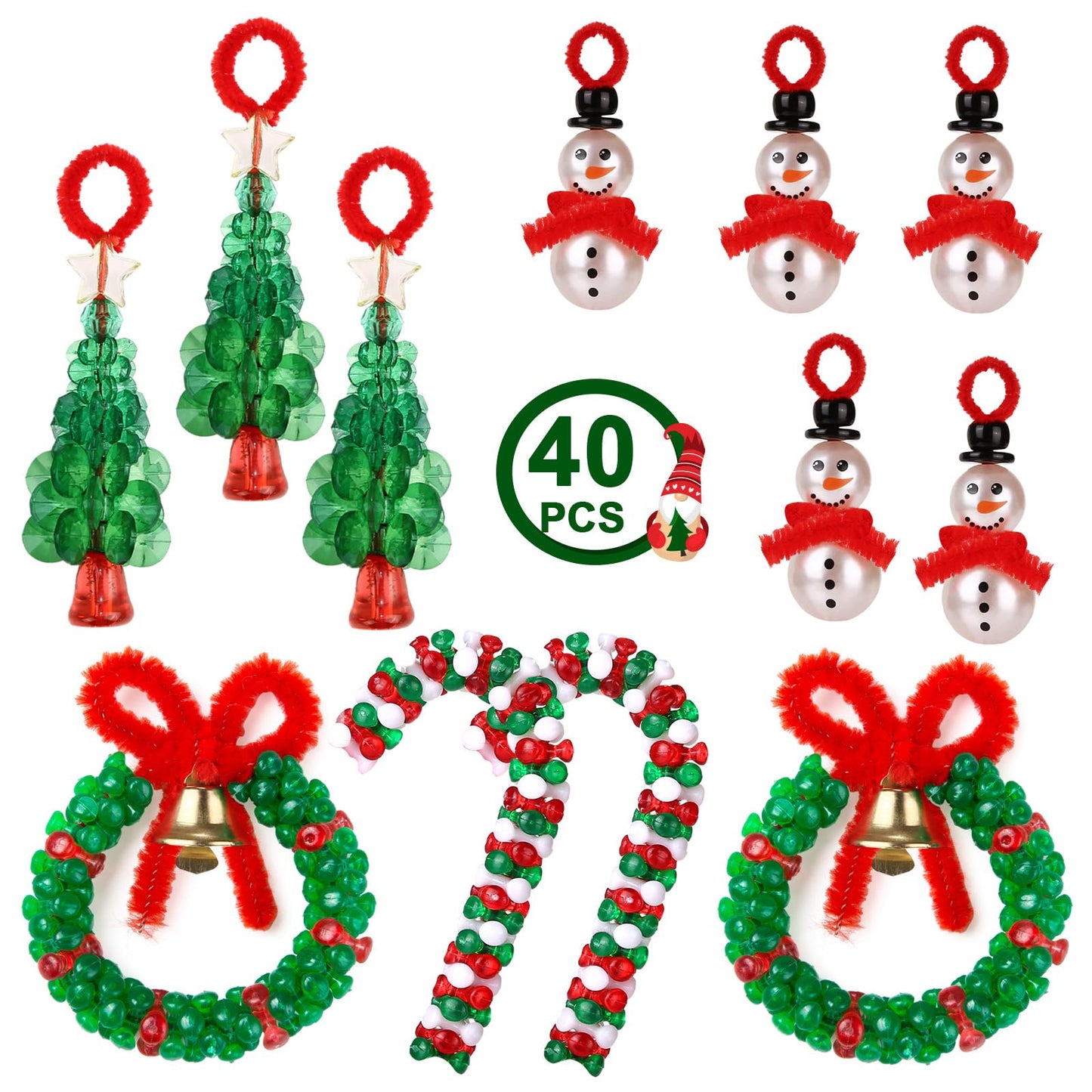 LIHAO 40PCS Christmas Crafts for Teens Boys Girls Adults, Beaded Ornament Kits to Make 10PCS Snowman/10PCS Tree/10PCS Wreath/10PCS Candy Cane Holiday Tree Decorations Craft Supplies(Assembly Needed)