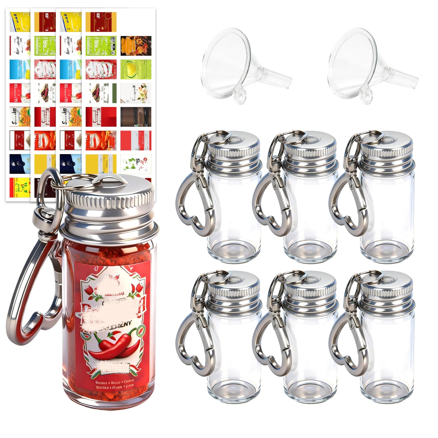 FANTOVO Mini Seasoning Keychain Bottle Set, 6 Pcs Empty Spice Jar with Mini Funnels & DIY Stickers of 30 Styles, On-the-Go Airtight Keychain Holders for Travel, Outdoors, Lunchboxes, Camping, 6+2+4 Total.