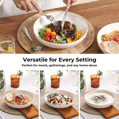Y YHY 8.5" Pasta Bowls Set of 4, 30 oz Embossed Salad Bowls for Serving Soup, Noodle, Fruit, Dinner, Kitchen Deep Plates, Ceramic Dinnerware Sets, Soft White Dishes for Thanksgiving Day Gifts