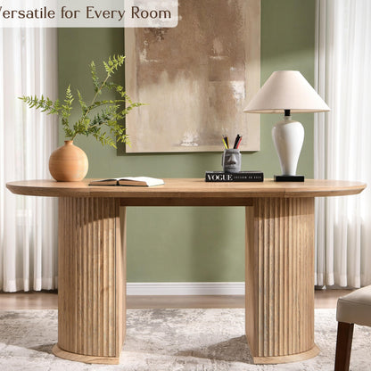 T4TREAM 63" Fluted Oval Dining Table for 4-6, Mid-Century Modern Kitchen Table with Thickened Edge & Semi-Cylindrical Base, Wood Table for Dining Room/Kitchen/Home Office, Natural Oak (Table Only)