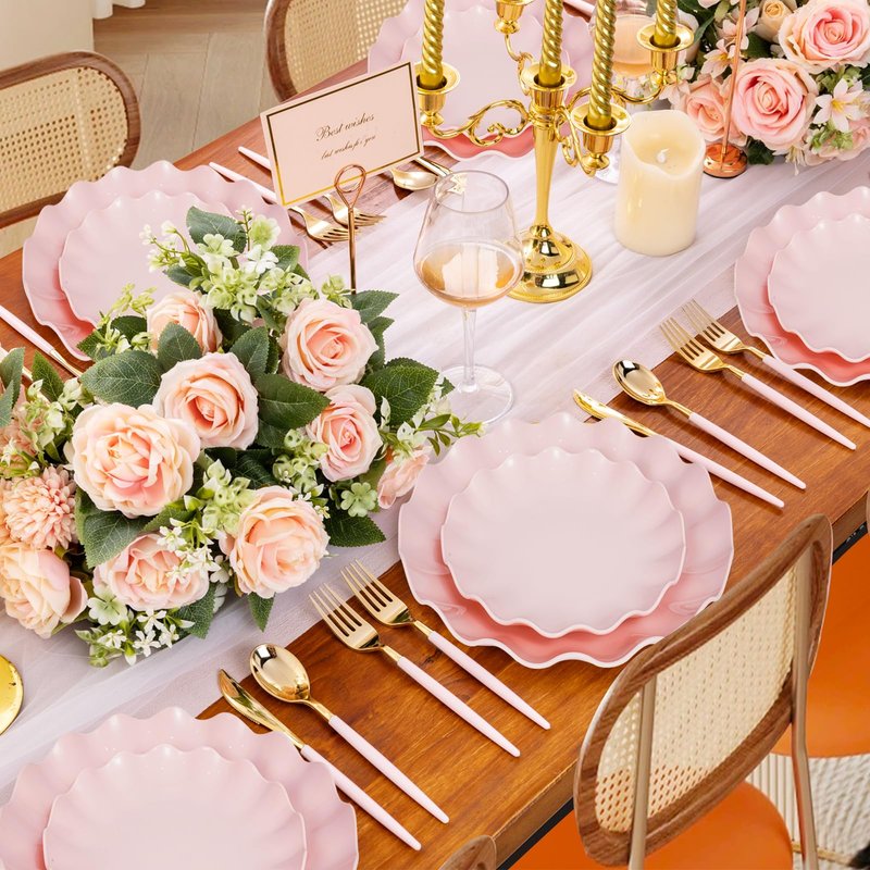 LIYH 50 Pcs Pink Plastic Plates Reusable - Durable and Dishwasher Safe Baby Shower Plates Wavy Daisy Plastic Flower Plate for Mothers Day Plates Party Wedding Birthday Picnics BPA Free (25Guests)