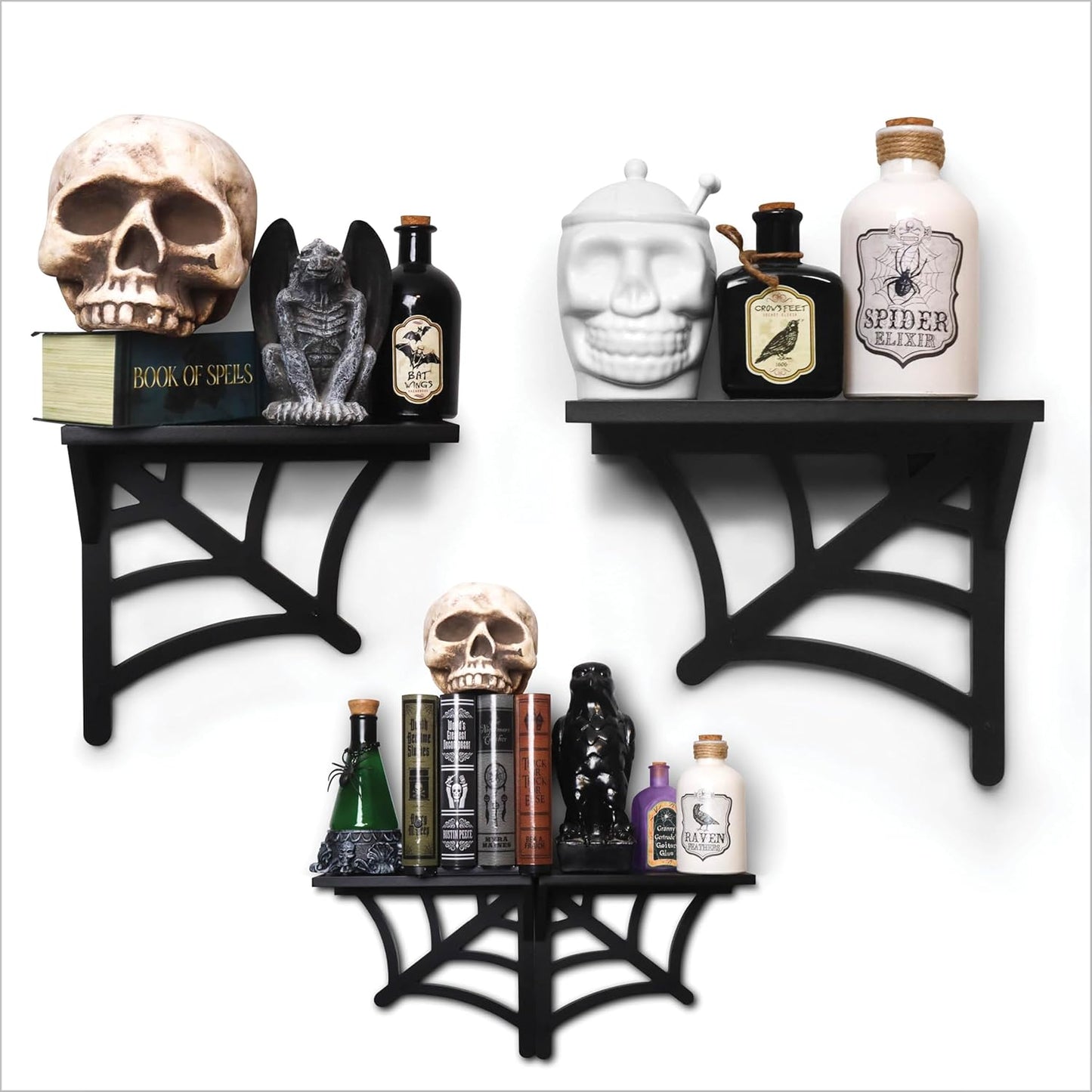2 BELL BOOK AND CANDLE PC Spider Web Floating Shelves - Hang Separately or Together - Spooky Gothic Decor - Goth