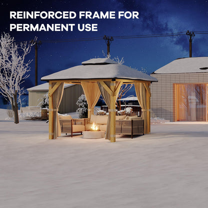 10x10 FT Hardtop Wood Gazebo, Outdoor Patio Pavilion with Cedar Frame, Double Galvanized Steel Roof, Curtains and Mesh Netting, Ceiling Hook Shelter for Backyard Deck Lawn Garden, Khaki