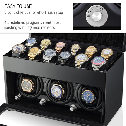 Watch Winder and Storage Box for Winding 3 Automatic Watches and 12 Watch Storage Space (Black+ Black)