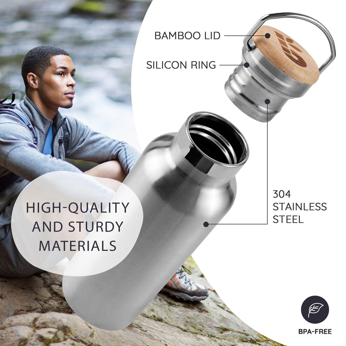Bambaw 24 oz Metal Water Bottle, Insulated Stainless Steel Water Bottle, Great for Travel, Wide Mouth for Easy Cleaning, Reusable & Durable, Rust-Resistant & Sturdy (Natural Steal)