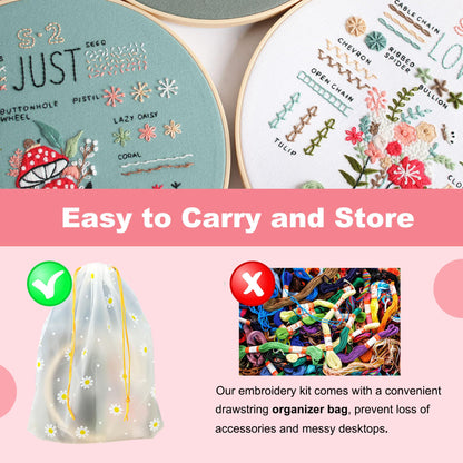 3 Sets Embroidery Starter Kit for Beginners Adults and Kids, Hand Embroidery Kits with Stamped Patterns, Floral Embroidery Stitches Kit DIY Craft Includes Hoop, Threads, Cloth, Storage Bag
