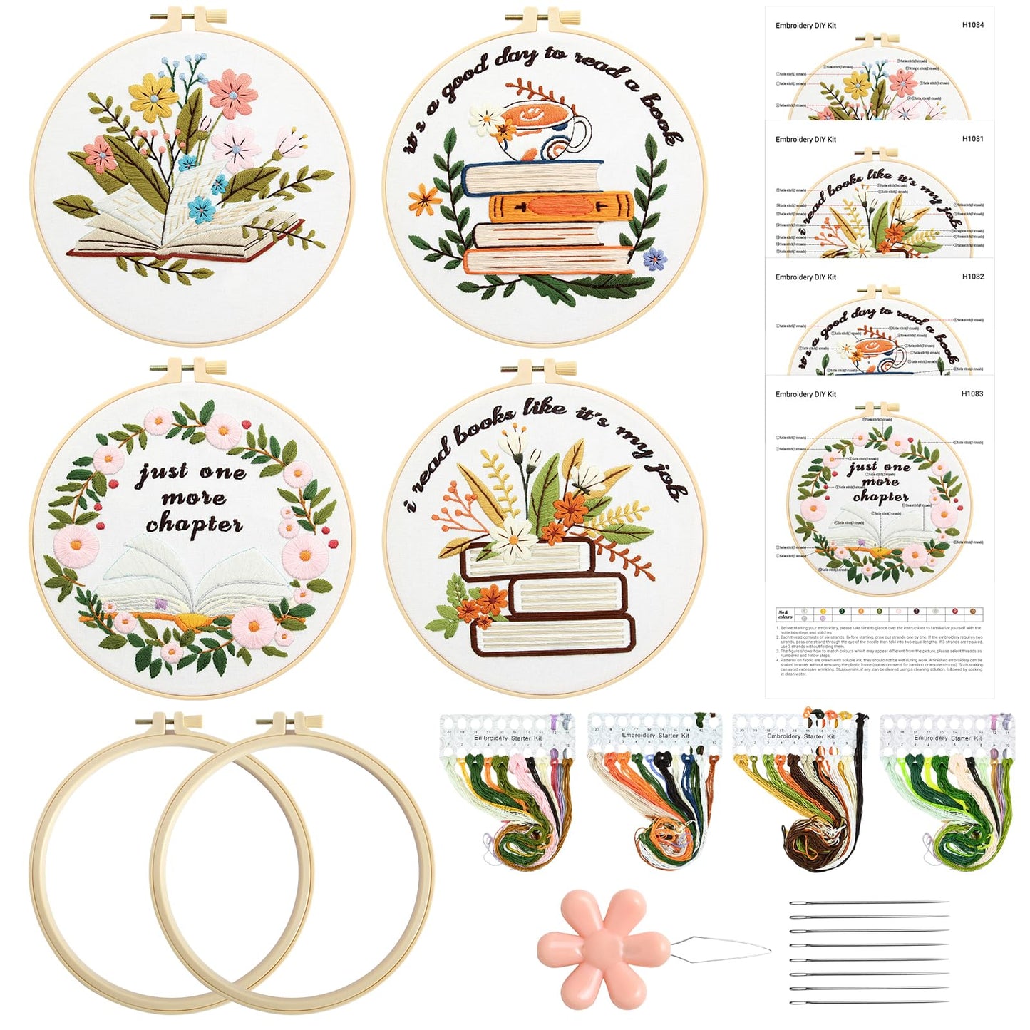 ElasignShopo 4 Set Book Embroidery Kit for Beginners Adults Book Lovers Embroidery Starter Kit Books Flowers Pattern Hand Crewel Cross Stitch Kits Includes Instruction 2 Hoops Color Threads Needles