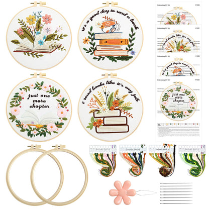 ElasignShopo 4 Set Book Embroidery Kit for Beginners Adults Book Lovers Embroidery Starter Kit Books Flowers Pattern Hand Crewel Cross Stitch Kits Includes Instruction 2 Hoops Color Threads Needles