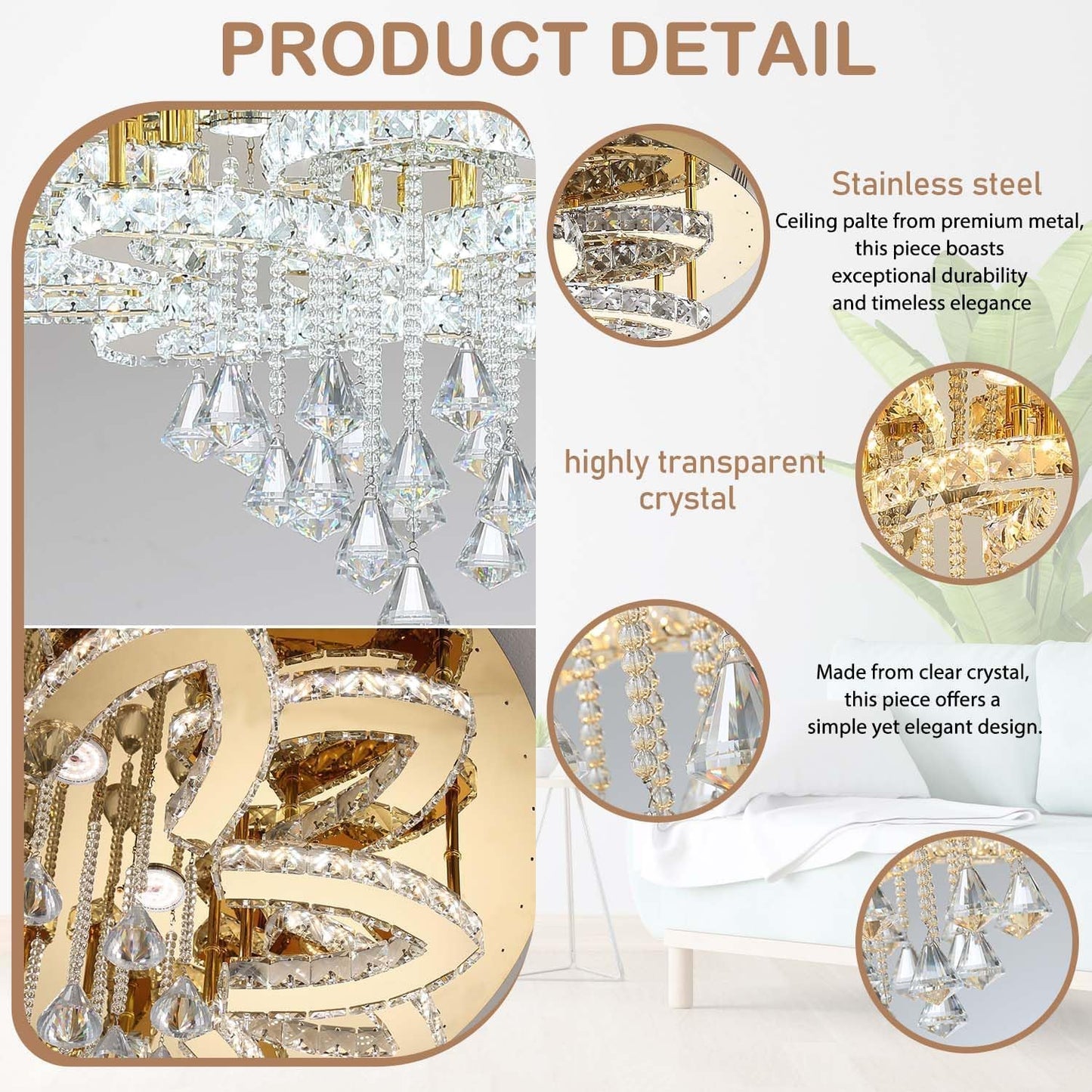 Flashing God 32'' Modern Crystal Chandeliers for Living Room Crystal Ceiling Light Fixture LED Dimmable Pendant Lighting Flush Mount Ceiling Chandelier for Dining Room Bedrooms Foyer Gold